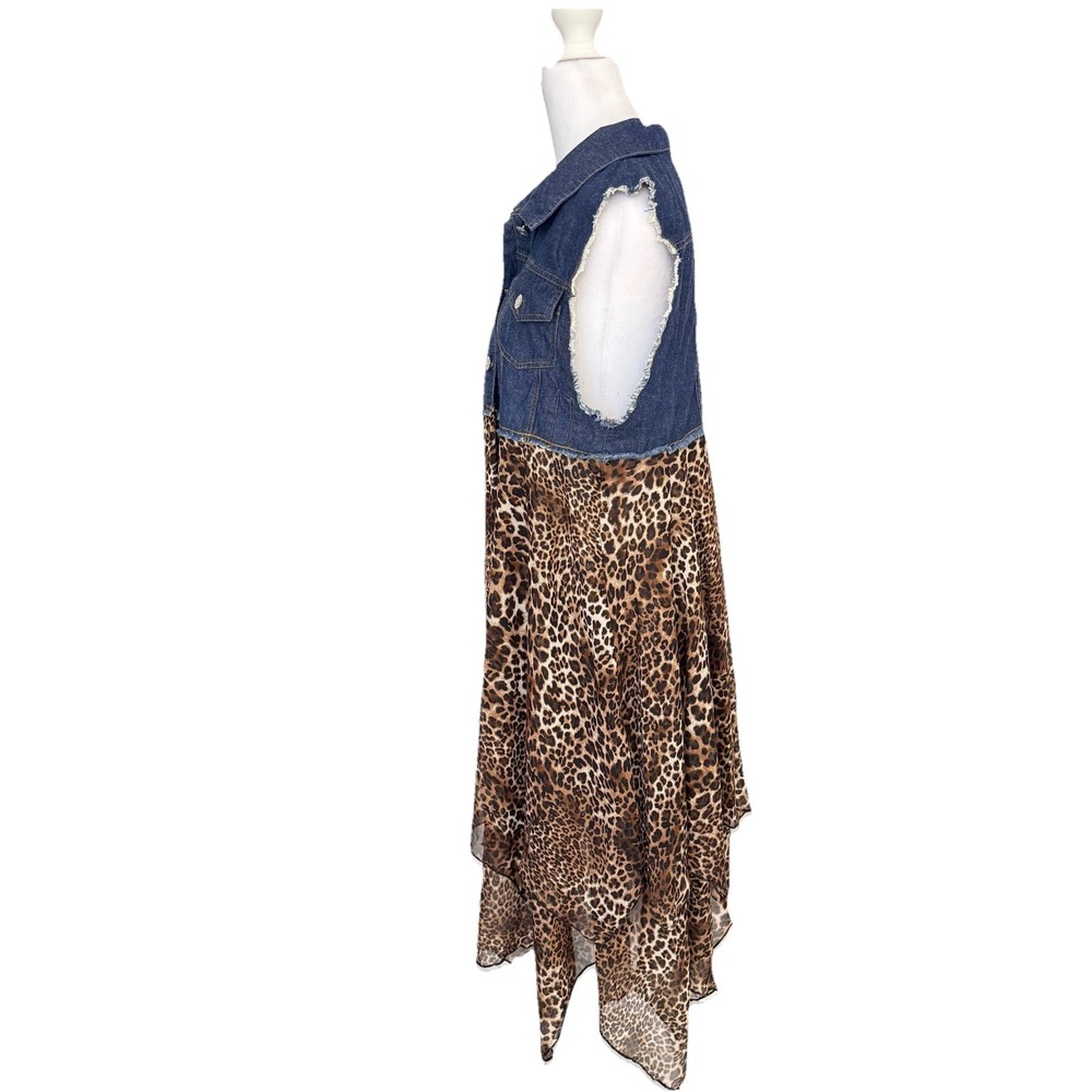 BoHo Western Cheetah Handkerchief Maxi dress Jean Denim Frayed Size Small Medium - Picture 4 of 10